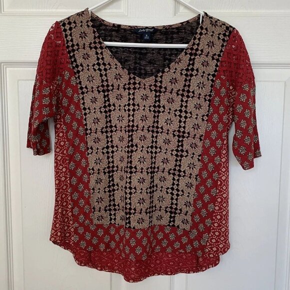 Lucky Brand Tops - Lucky Brand Women's Shirt Top Size Small Black Tan Red 1/2 Sleeve Crochet